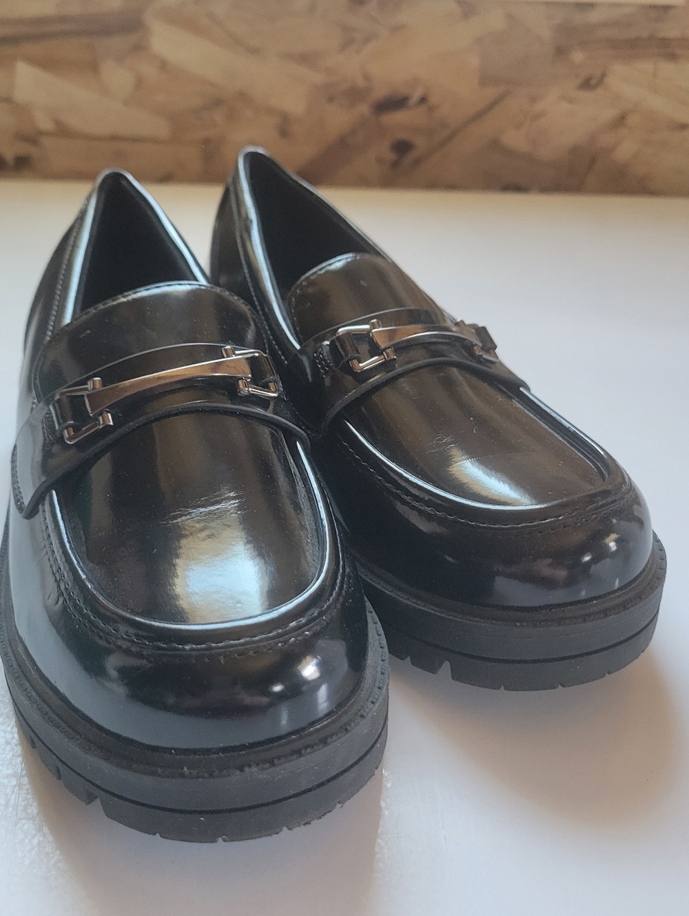 Women’s Black Patent Slip-On Loafers with Metal Accent